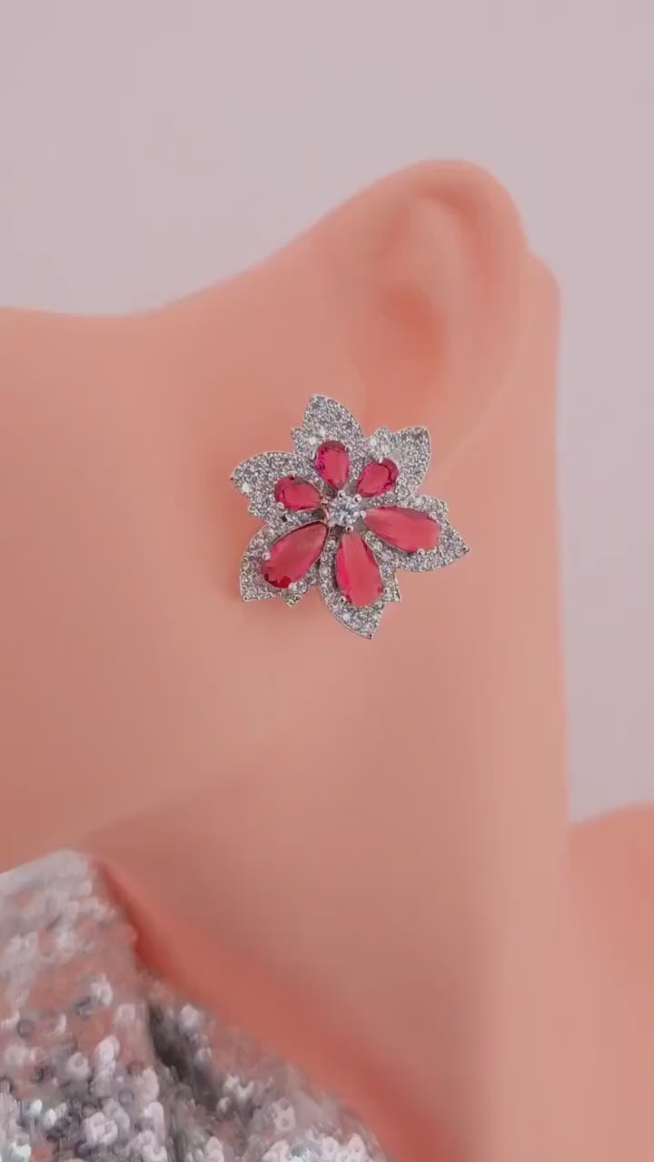 Floral CZ Statement Stud Earrings – Silver Plated, Red or Black Bridal Jewelry