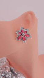 Floral CZ Statement Stud Earrings – Silver Plated, Red or Black Bridal Jewelry