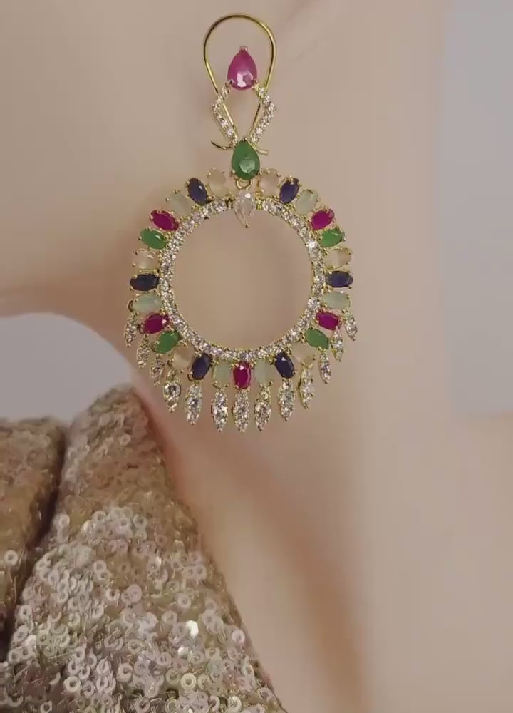 Gold Plated Filigree Chandbali Earrings, Multicolor CZ Statement Bridal Jewelry