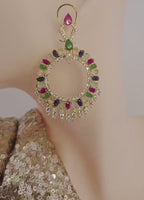 Gold Plated Filigree Chandbali Earrings, Multicolor CZ Statement Bridal Jewelry