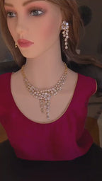 Gold Plated CZ Bridal Necklace Set, Floral Layered Statement Jewelry with Earrings