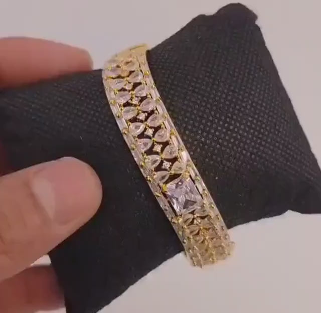 Gold Plated CZ Openable Bracelet | Emerald Cut Stone, Bridal Wedding Bangle
