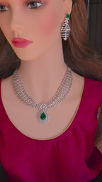 Green CZ Indian Bridal Necklace & Earrings Set – Silver Tone Statement Wedding Jewelry
