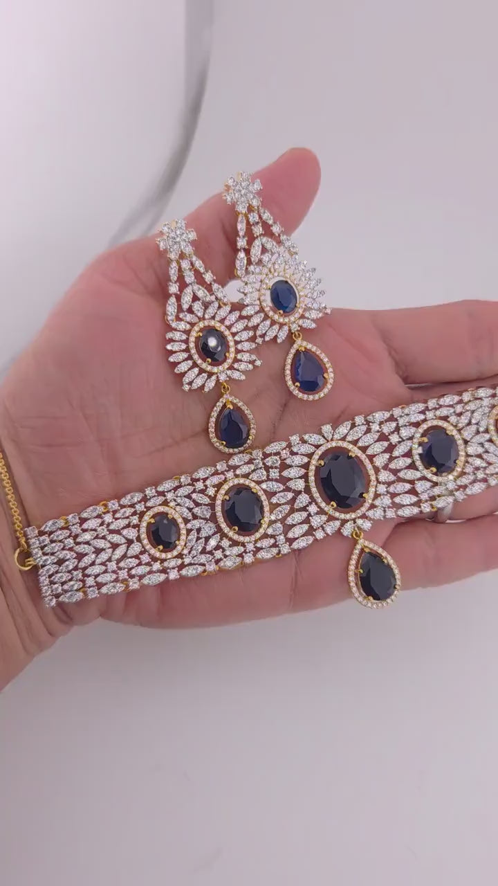 Gold Plated Blue CZ Choker Necklace & Drop Earrings Set
