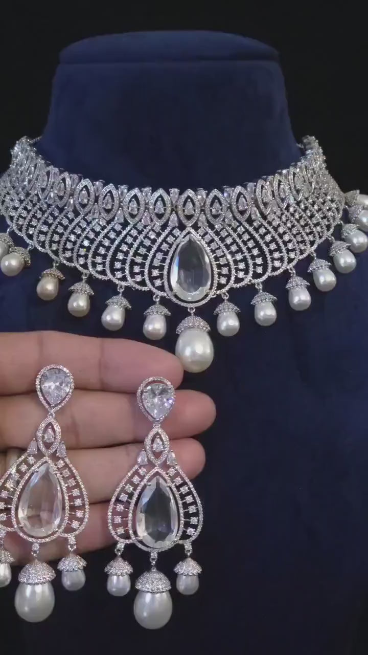 Pearl CZ Bridal Choker Set Indian Pakistani Wedding Necklace Nikah Walima Jewelry Moti