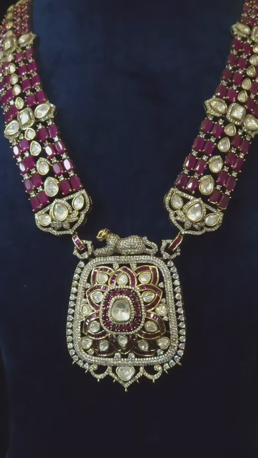 Ruby & Polki CZ Multi-Strand Long Pendant Necklace & Drop Earring Set Shaahi – ruby bead multi-strand chain with polki CZ stations, lotus mandala cushion pendant with panther motif clasp, and matching tiered drop earrings in gold finish