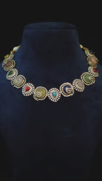 Navratan Victorian AD Collar Necklace & Stud Earring Set Kalindi – multicolor cabochon gemstone bridal jewelry with CZ Victorian medallions and antique burnished gold finish