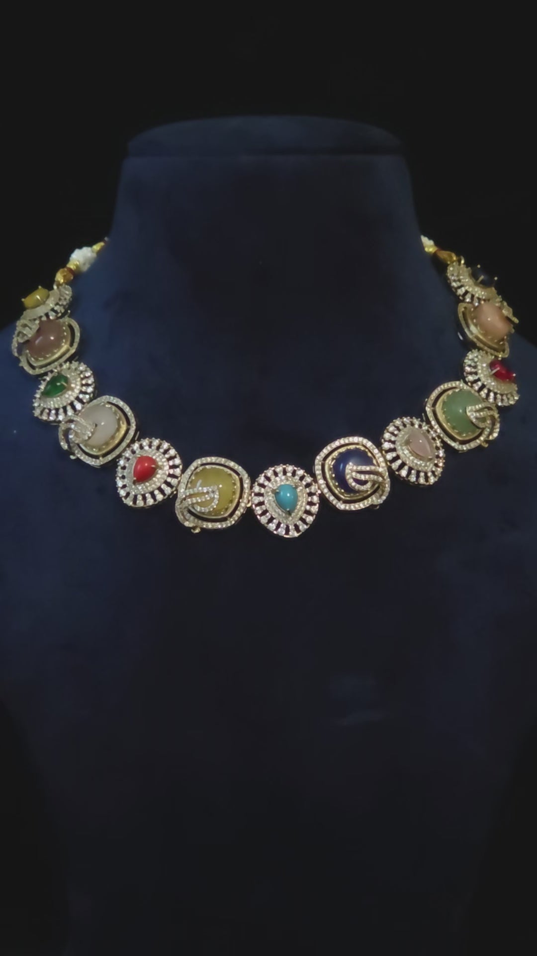 Navratan Victorian AD Collar Necklace & Stud Earring Set Kalindi – multicolor cabochon gemstone bridal jewelry with CZ Victorian medallions and antique burnished gold finish