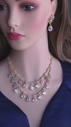 Gold Plated Layered Teardrop CZ Necklace Set with Earrings
