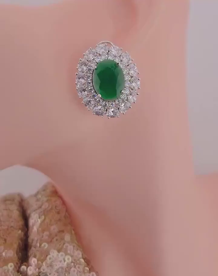 Oval Halo CZ Stud Earrings – Bridal Wedding Jewelry, Gold & Silver Tone, Green or Clear