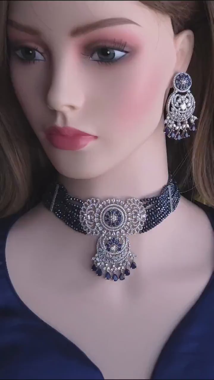 Navy Blue Kundan Choker Necklace Set | Silver Finish Bridal Jewelry