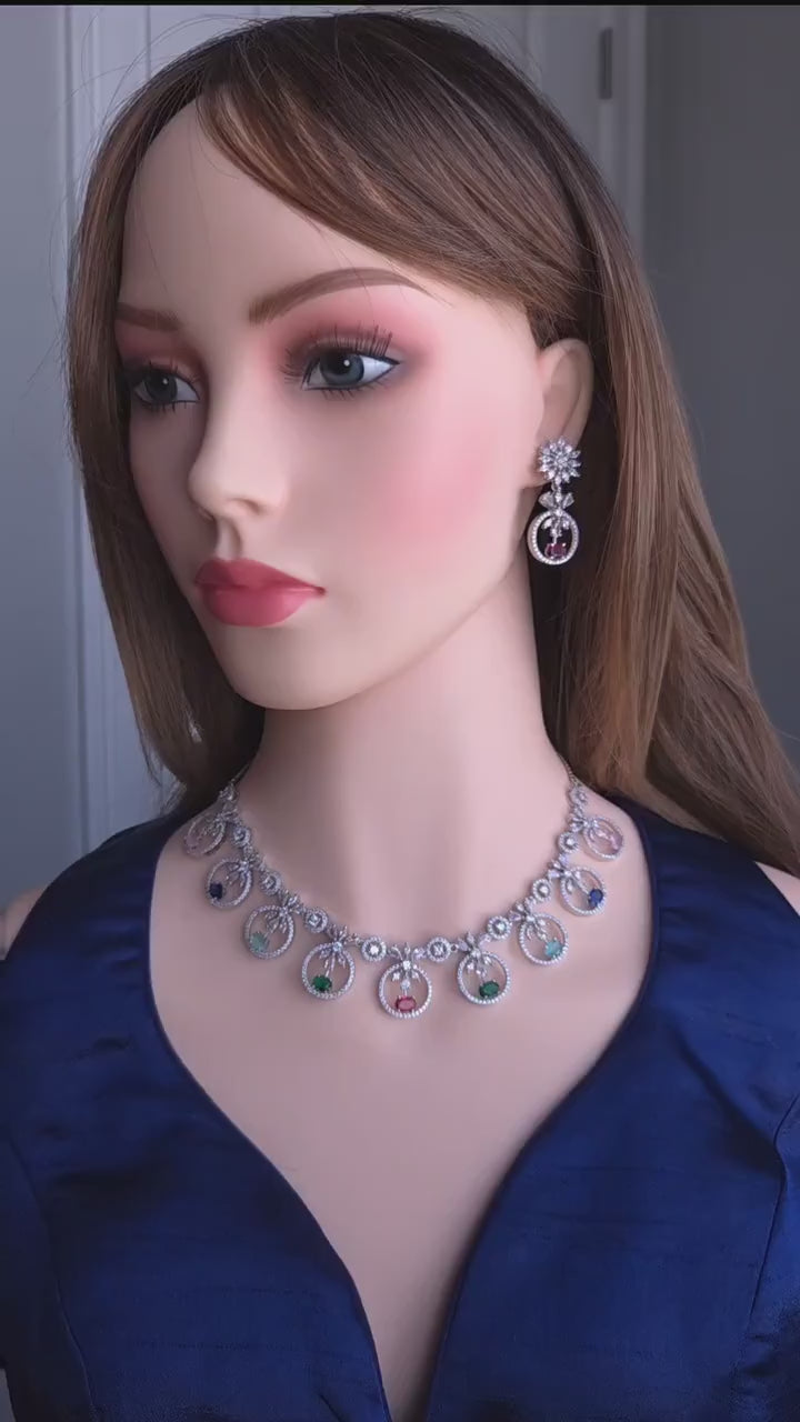 Statement CZ Necklace Set with Multi-Color Stones | Silver Plated Bridal Jewelry