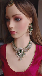 Red Green Kundan Bridal Necklace Set, Indian Wedding Jewelry, Statement Lehenga Set, Pakistani Nikkah Reception Jewelry with Maang Tikka