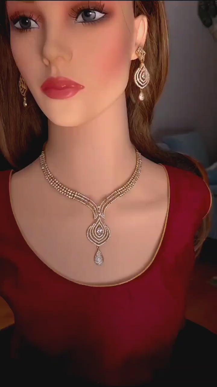Layered V-Drop Necklace Set | Gold Plated CZ Bridal Jewelry