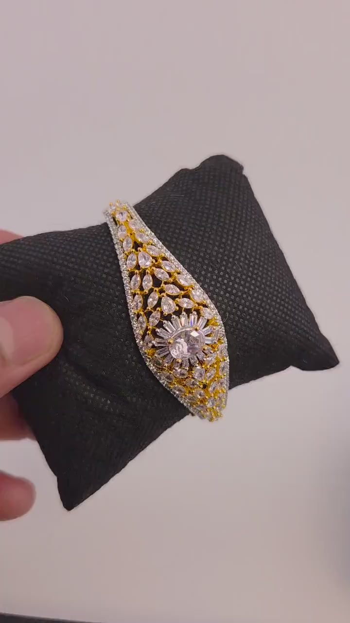 Gold Tone CZ Floral Cuff Bracelet – Adjustable Indian Wedding Bangle