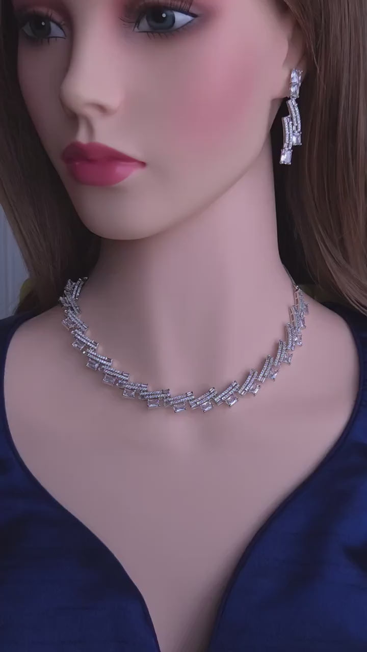 Silver Baguette Cubic Zirconia Necklace Earrings Set, Statement Bridal Jewelry