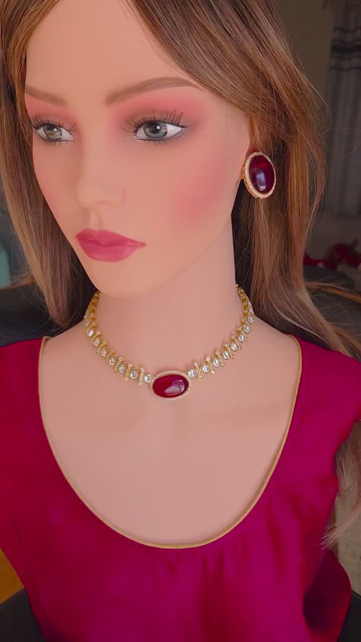 Ruby Red CZ Necklace Set | Gold Plated Statement Necklace & Stud Earrings | Wedding Jewelry