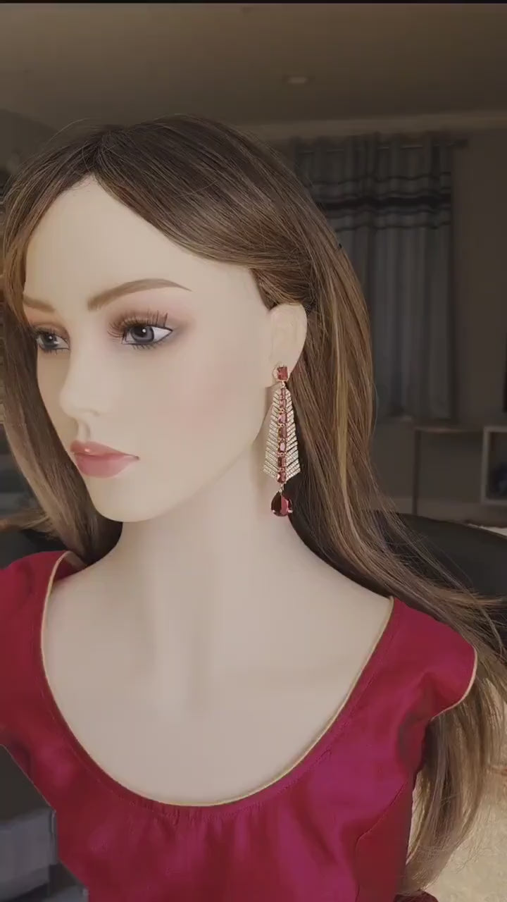 Gold Plated Ruby Red Dangle Earrings, CZ Accents, Bridal Statement Jewelry