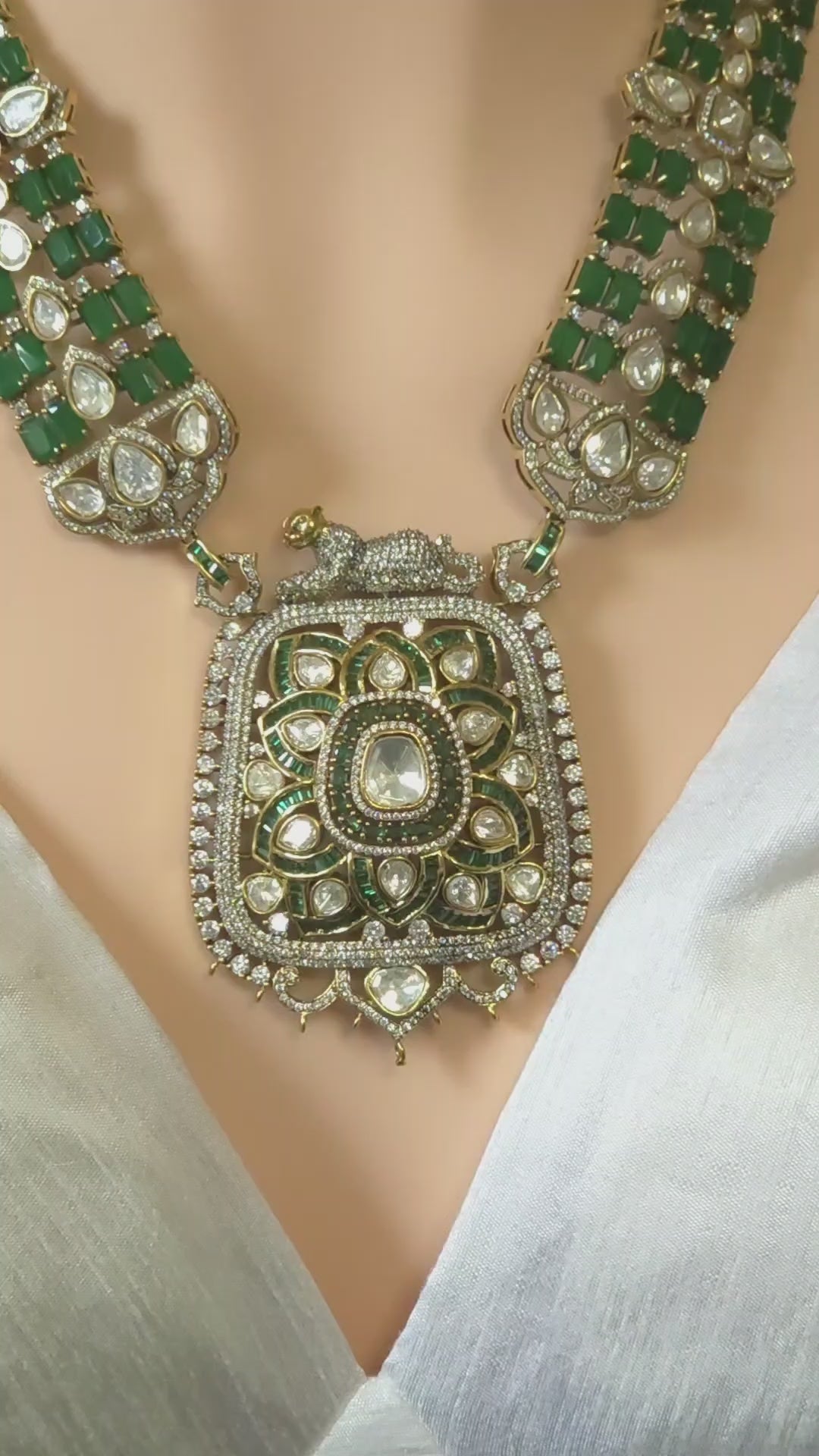 Emerald & Polki CZ Multi-Strand Long Pendant Necklace & Drop Earring Set Shaahi Emerald – emerald green CZ bead multi-strand chain with polki CZ stations, lotus mandala cushion pendant with panther motif clasp, and matching shield drop earrings in gold finish"