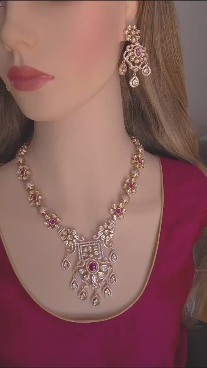 Heirloom Temple Moissanite Kundan Necklace Set – Bridal Jewelry (Green or Magenta)