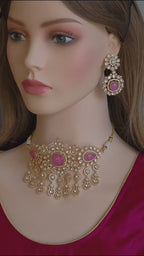 Pink Moissanite Kundan Bridal Choker Set, Indian Wedding Jewelry, Statement Lehenga Necklace, Pakistani Nikkah Reception Jewelry