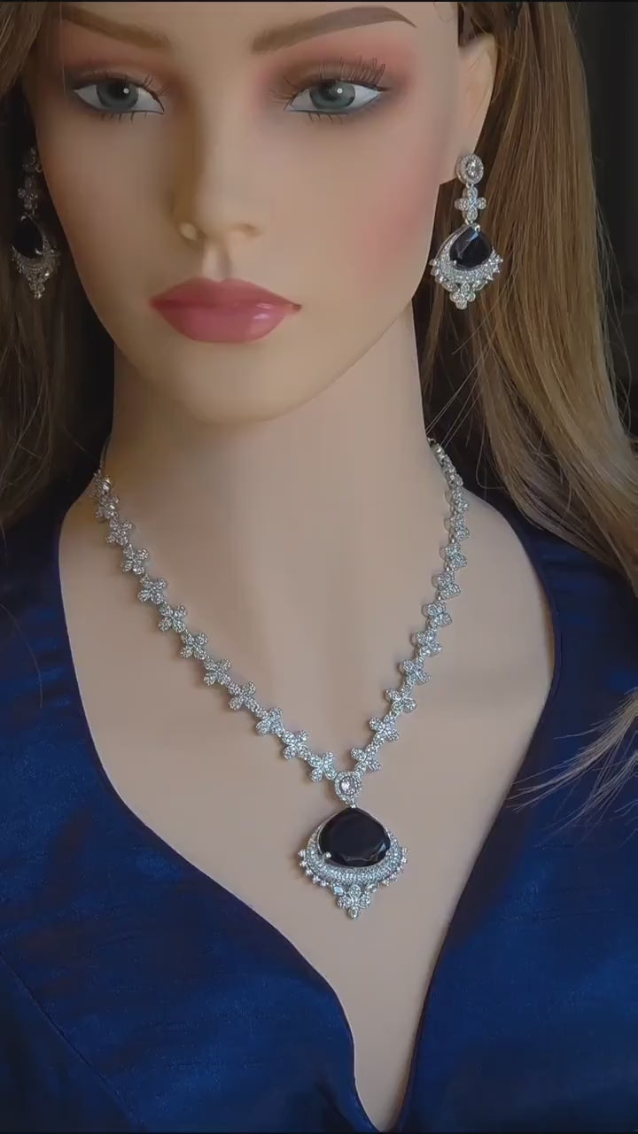 Floral Sapphire Blue CZ Necklace Set Silver Statement Jewelry Neelam
