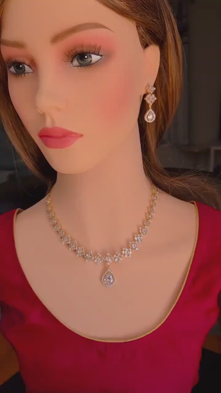 Geometric CZ Necklace & Earrings Set – Square Link Teardrop Pendant, Modern Bridal Jewelry