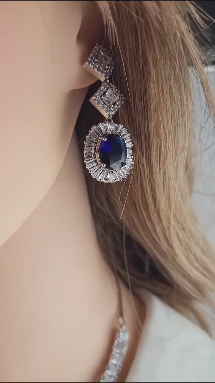 Oval CZ Necklace Set | Sapphire Blue or Ruby Red Wedding Jewelry | Bridal Evening Set