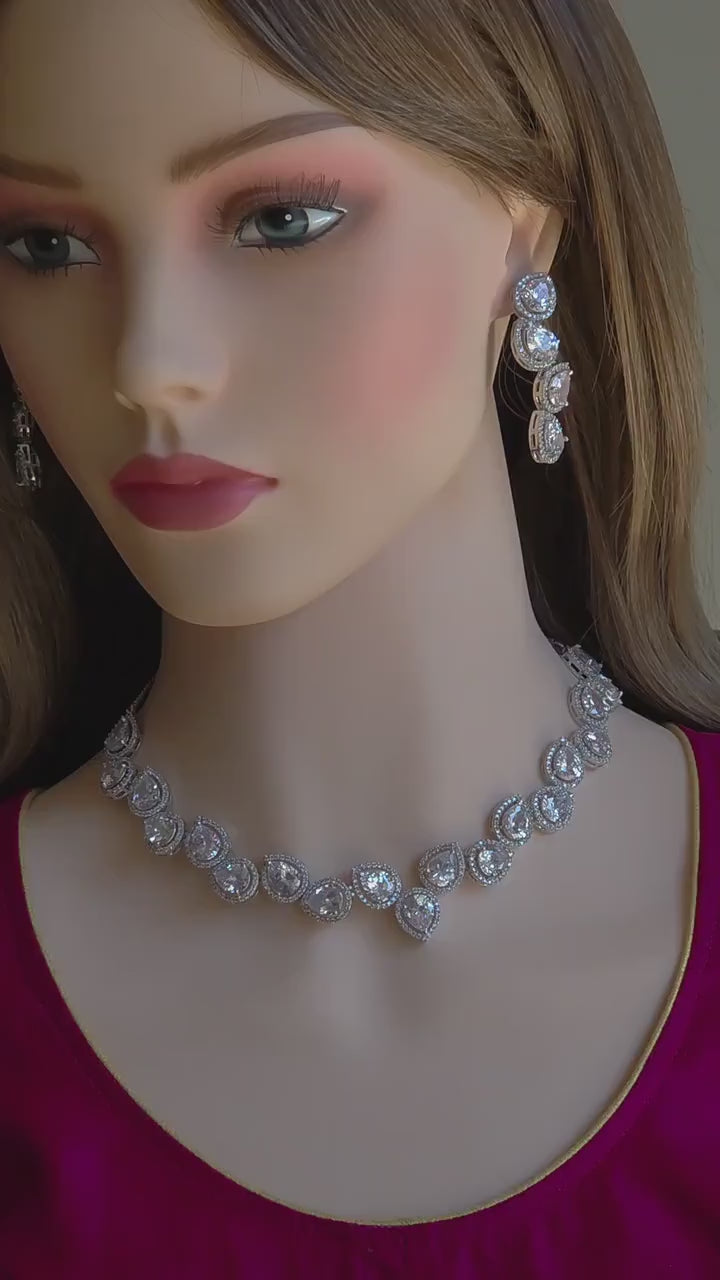 Pear Cut CZ Necklace Set Silver, Teardrop Bridal Jewelry, Elegant Wedding Guest Necklace, Prom Evening Jewelry Set