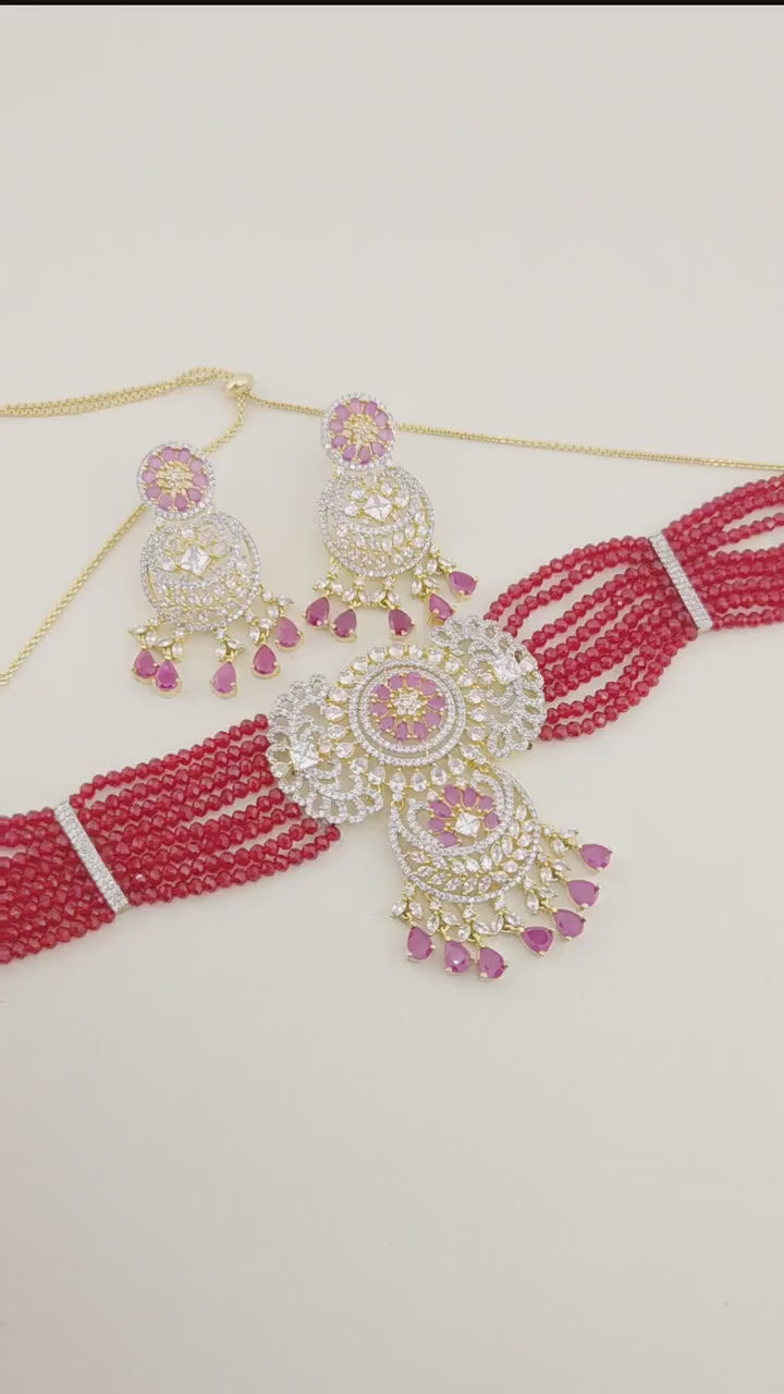 Ruby Pink Beaded Choker Necklace Set, American Diamond CZ Bridal Jewelry