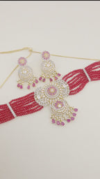 Ruby Pink Beaded Choker Necklace Set, American Diamond CZ Bridal Jewelry