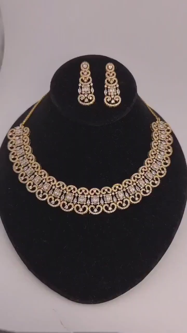 Gold Plated CZ Crescent Drop Necklace Set | Indian Wedding Bridal Jewelry