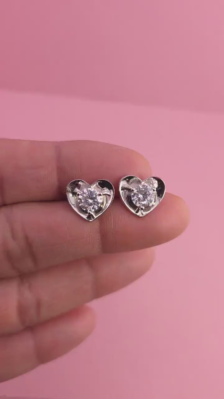 Sterling Silver Heart Stud Earrings with Cubic Zirconia, Dainty Minimal Jewelry