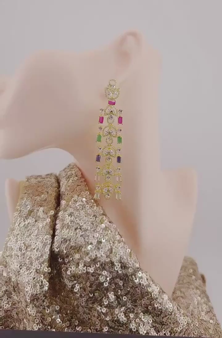Gold Multicolor CZ Drop Earrings – Indian Bridal Statement Jewelry