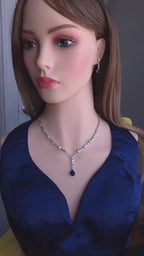 Blue Teardrop Cubic Zirconia Necklace Earrings Set | Silver Plated CZ Jewelry