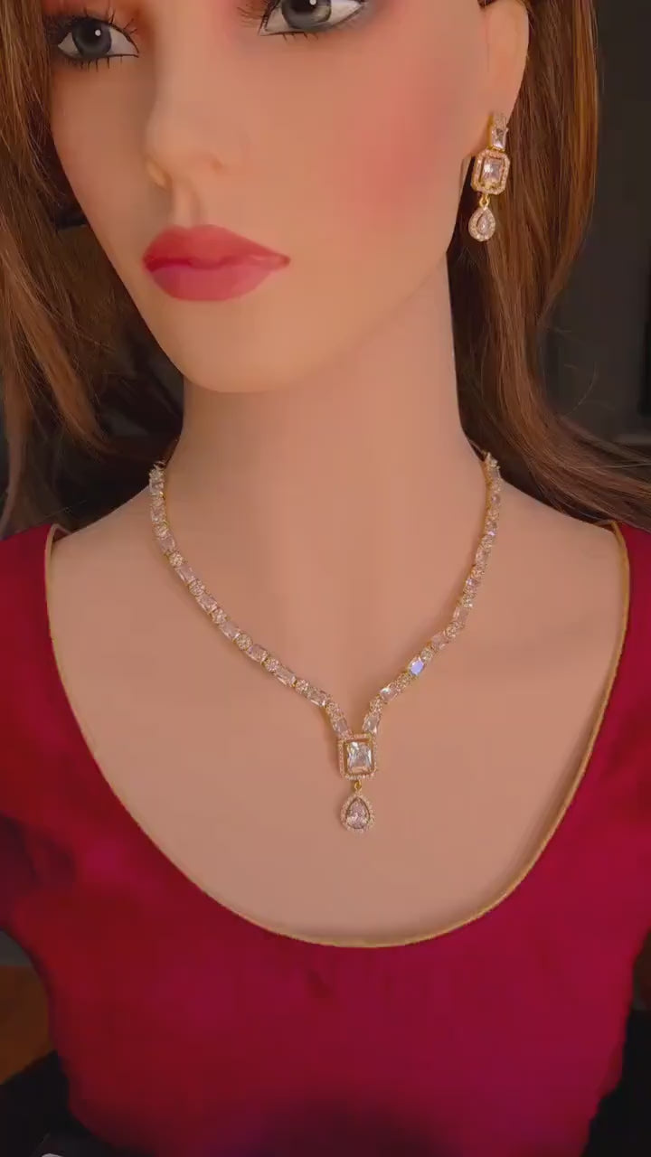 Gold Plated CZ Square & Teardrop Pendant Necklace & Earrings Set – Bridal Wedding Jewelry