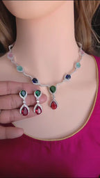 Silver Plated CZ Teardrop Necklace & Earrings Set – Bridal Wedding Jewelry, Multicolor, Green or Blue