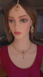 Indian Bridal Gold Necklace Set with Earrings, Maang Tikka, Red Green Kundan Style Jewelry