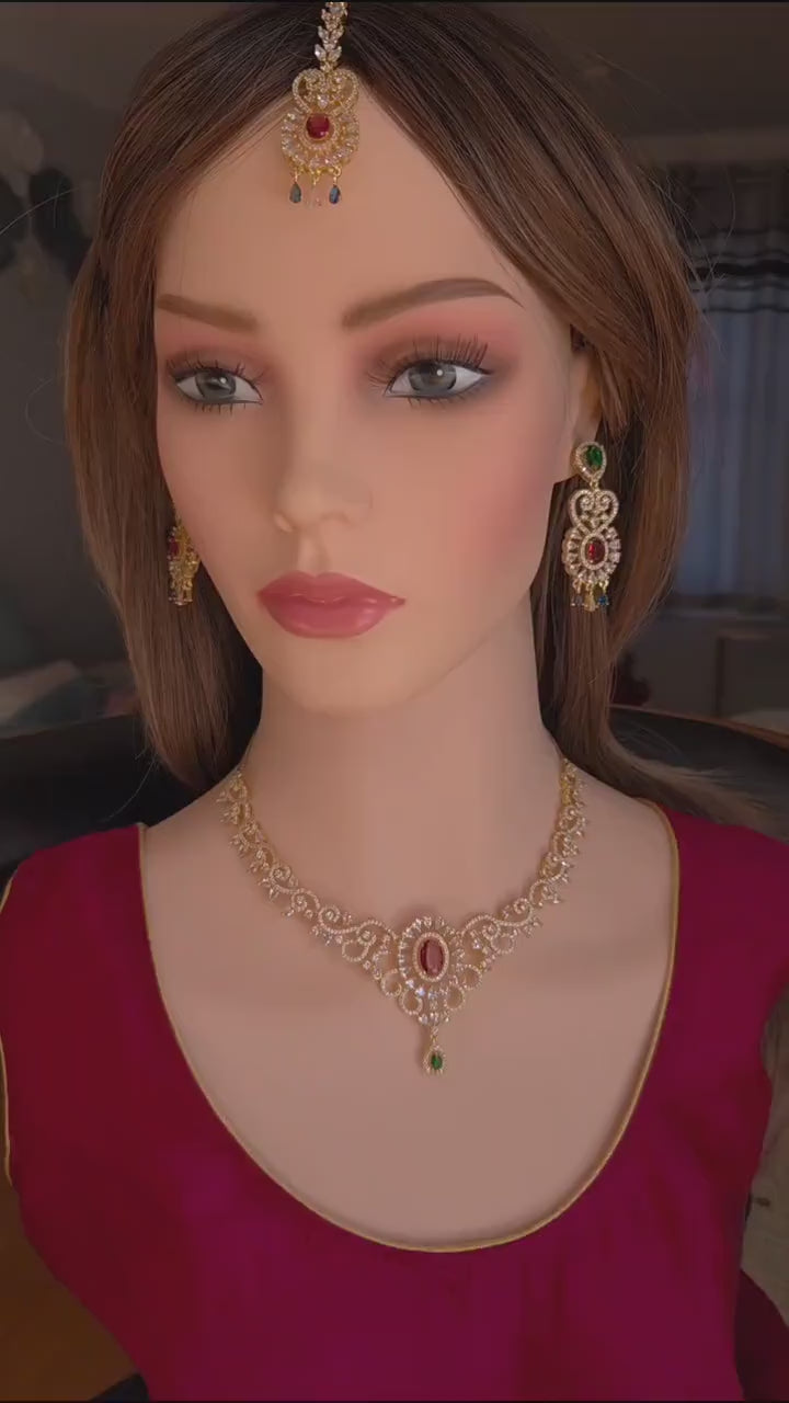 Indian Bridal Gold Necklace Set with Earrings, Maang Tikka, Red Green Kundan Style Jewelry