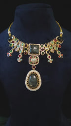 Navratna Kundan Polki Choker Necklace Set Nadia – bridal jewelry set featuring multicolor gemstones, polki stones, and pearl-framed pendants