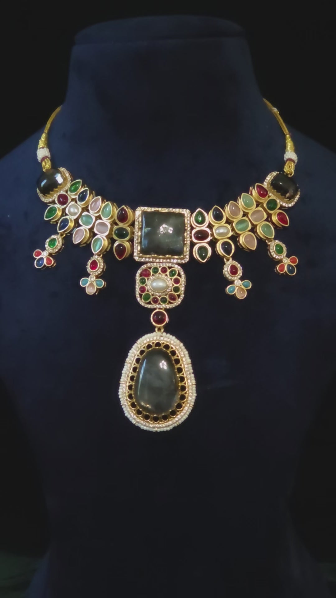 Navratna Kundan Polki Choker Necklace Set Nadia – bridal jewelry set featuring multicolor gemstones, polki stones, and pearl-framed pendants