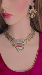 Pink Moissanite Bridal Necklace Set, Indian Wedding Jewelry, Statement Lehenga Necklace, Pakistani Nikkah Reception Jewelry