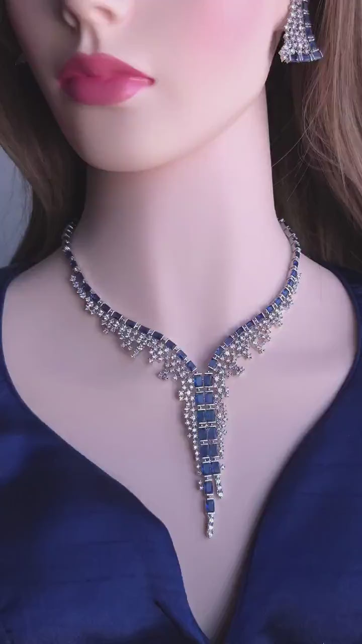 Blue Cubic Zirconia Bridal Necklace Set with Earrings, Silver-Tone Statement Jewelry