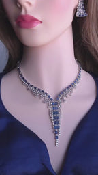 Blue Cubic Zirconia Bridal Necklace Set with Earrings, Silver-Tone Statement Jewelry