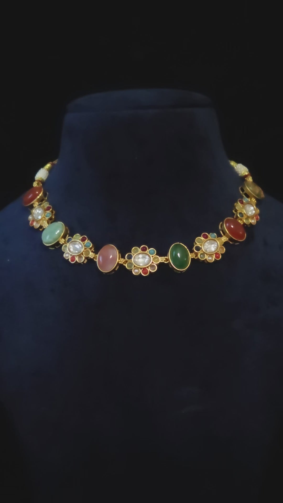 Navratna Kundan Floral Cabochon Choker & Earring Set Kamala – multicolor gemstone bridal choker necklace with polki CZ flower links, jade teardrop earrings, and antique gold finish