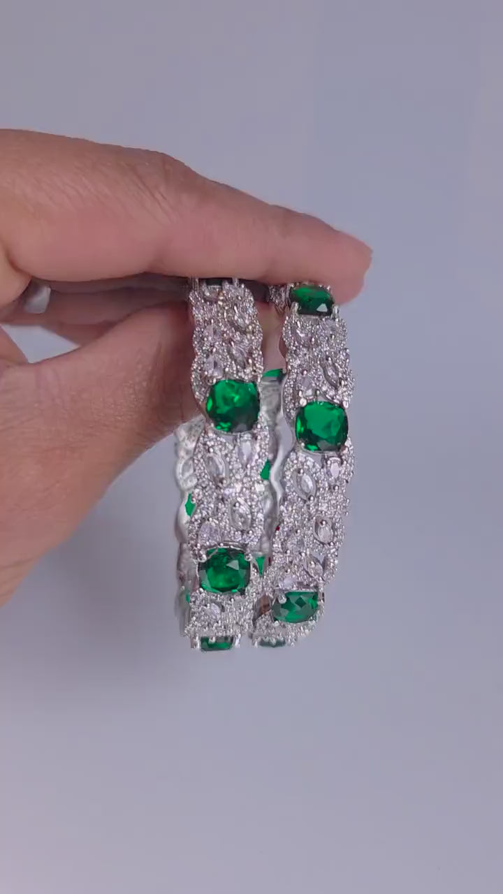 Green Floral AD Bangle Set, Emerald Stone Bracelet, Elegant Wedding Bangles for Festive & Bridesmaid Wear