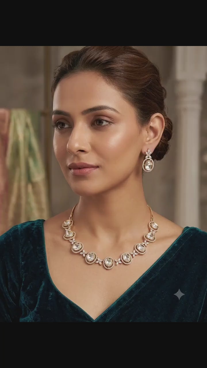 Gold Tone Kundan Polki CZ Necklace Set | Indian Pakistani Bridal Wedding Jewelry – Chanda