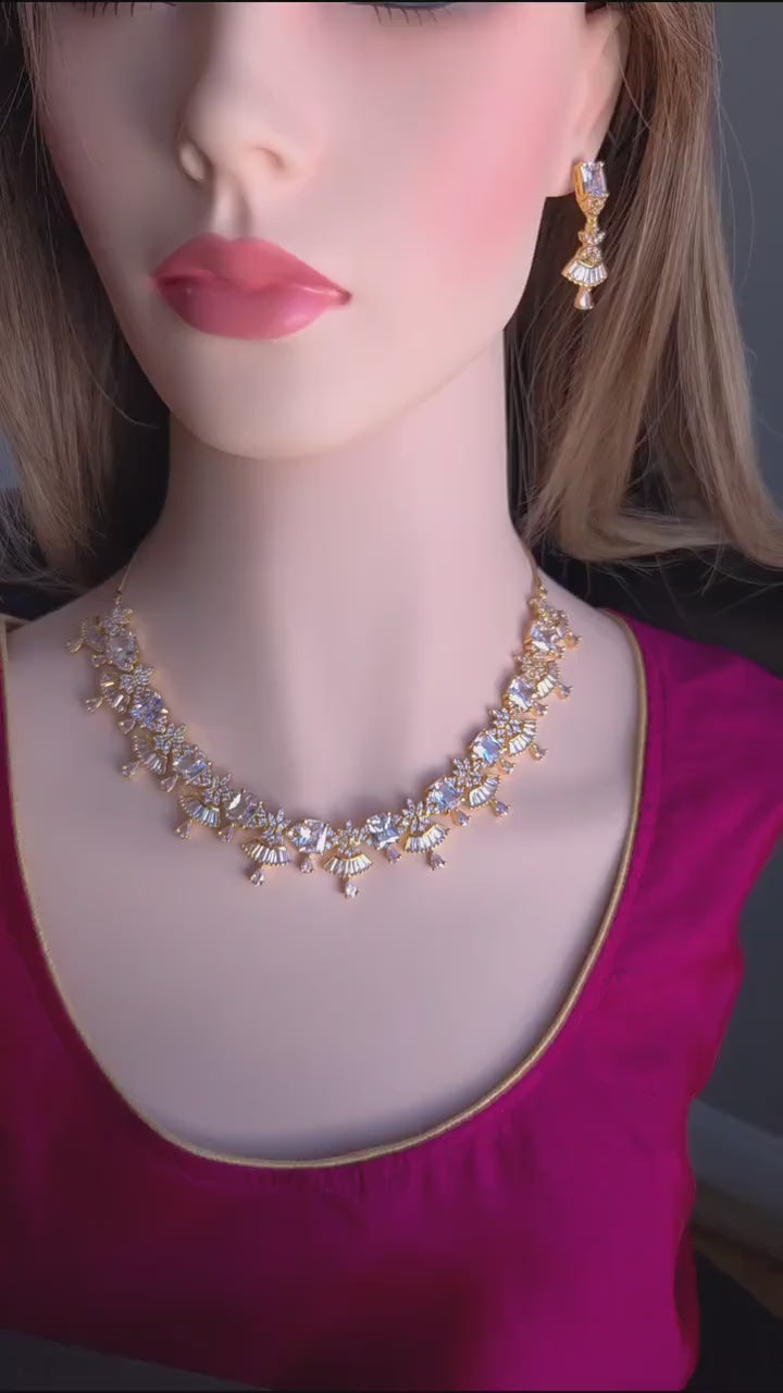 Gold CZ Floral Fan Necklace Set | Bridal Statement Jewelry with Earrings