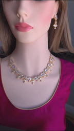 Gold CZ Floral Fan Necklace Set | Bridal Statement Jewelry with Earrings