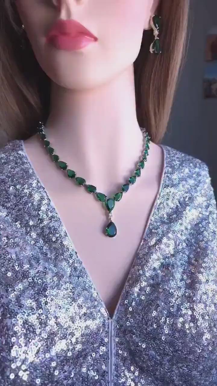 Emerald Green Teardrop Necklace Earrings Set, Silver Plated CZ Bridal Jewelry